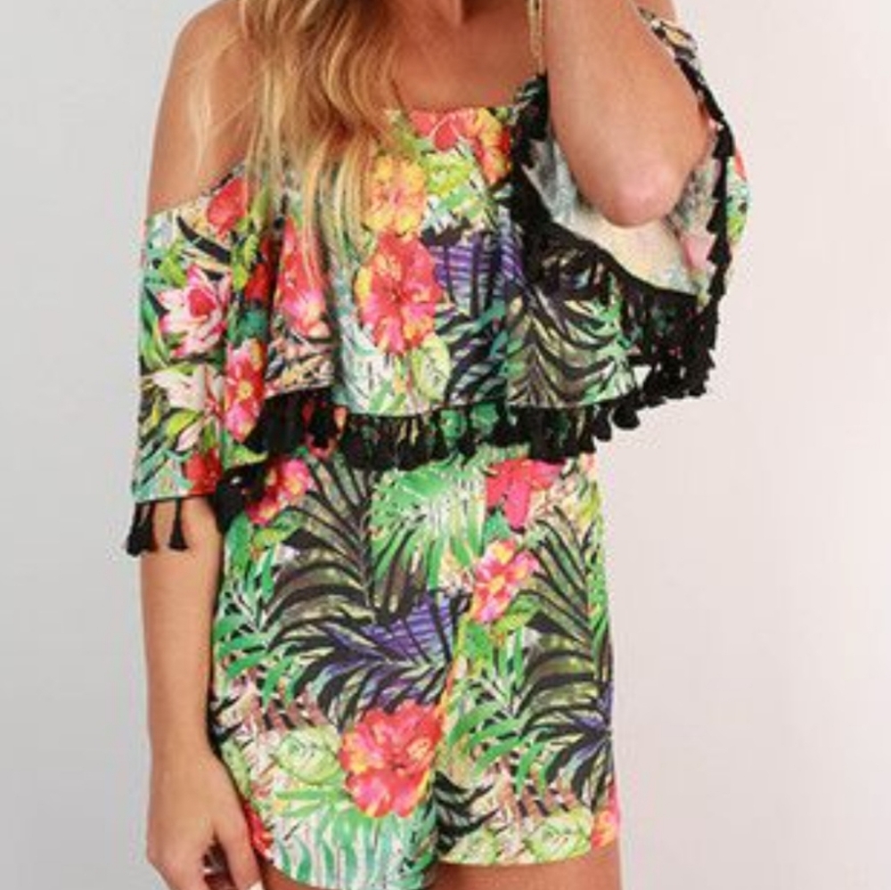 Tropical Overall Shorts Small Out of Shoulder Hawaiian Summer Floral S